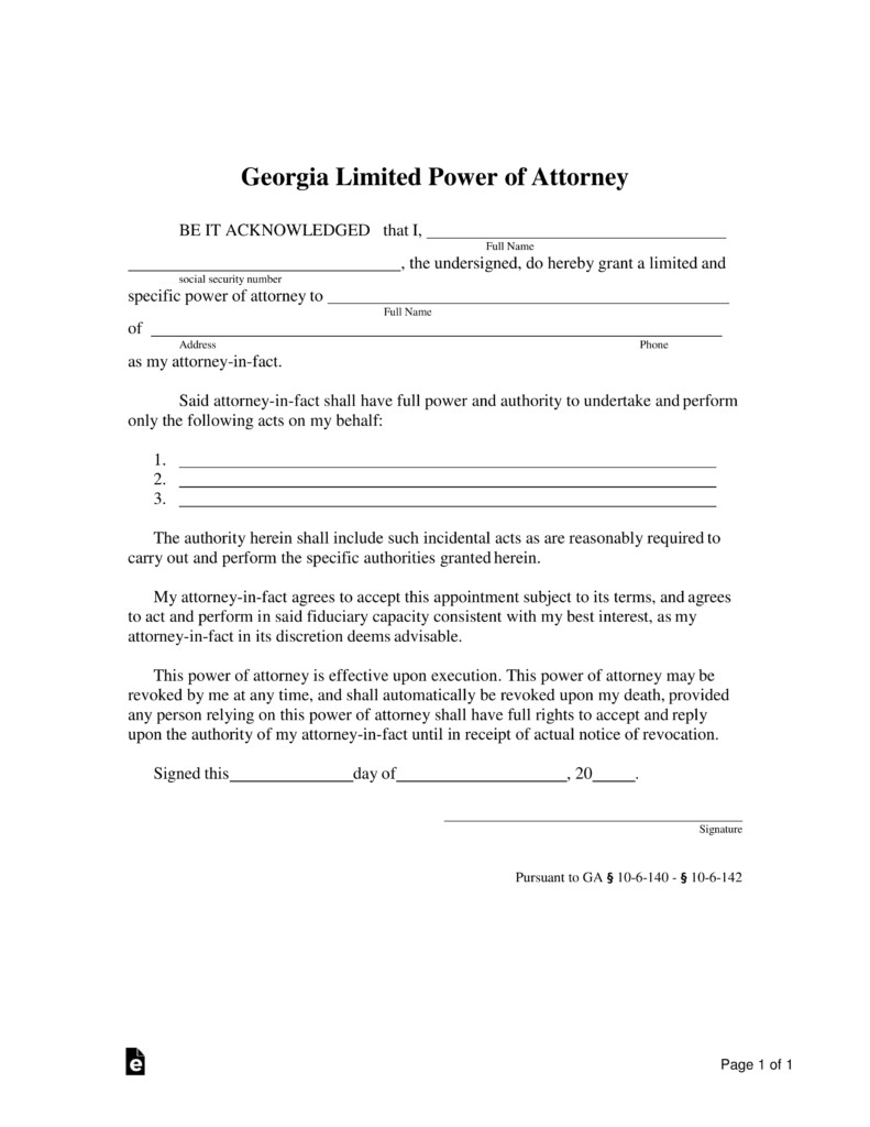 Free Georgia Limited Power Of Attorney Form PDF Word EForms Document