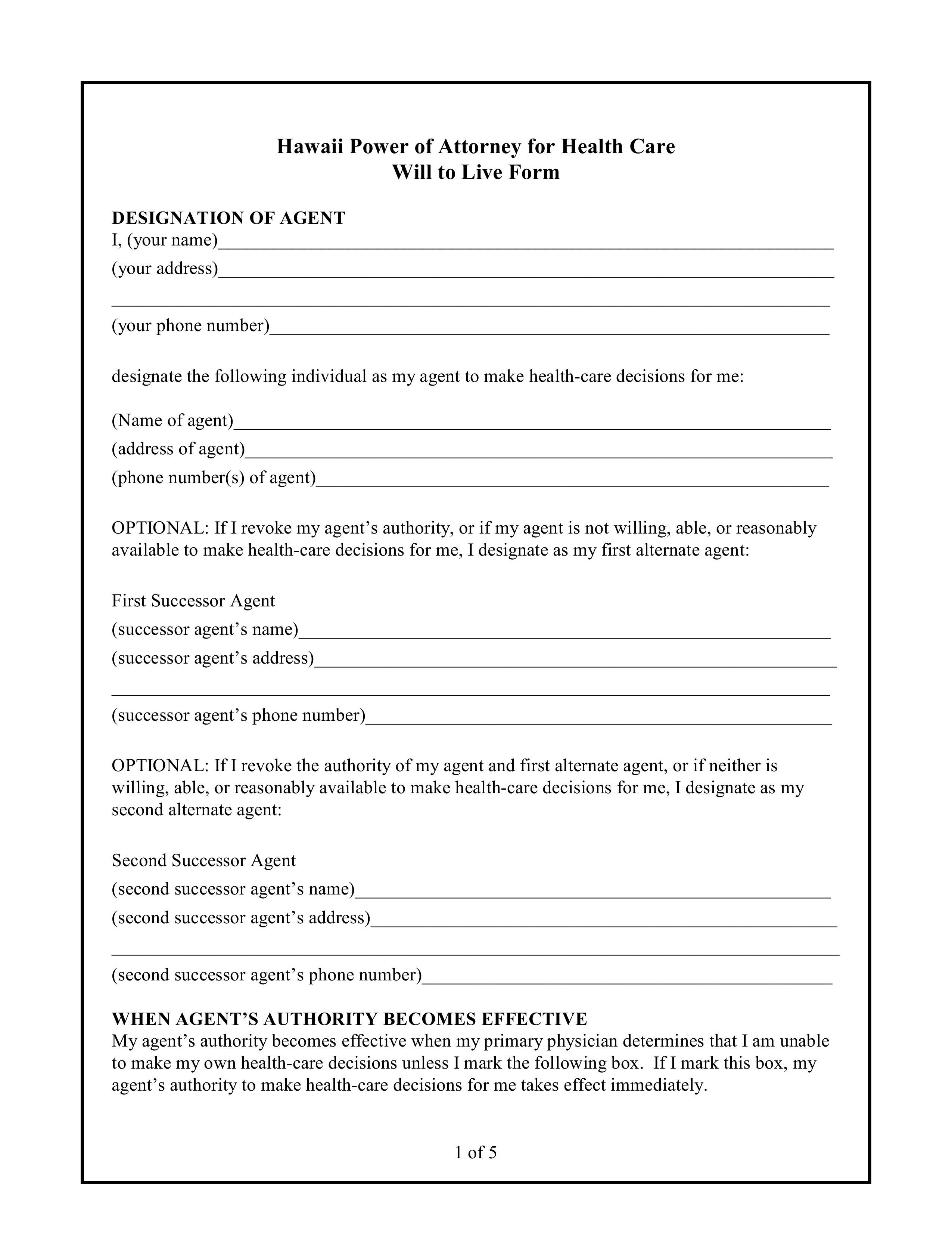Free Hawaii Medical Power Of Attorney Form PDF Template Document Forms