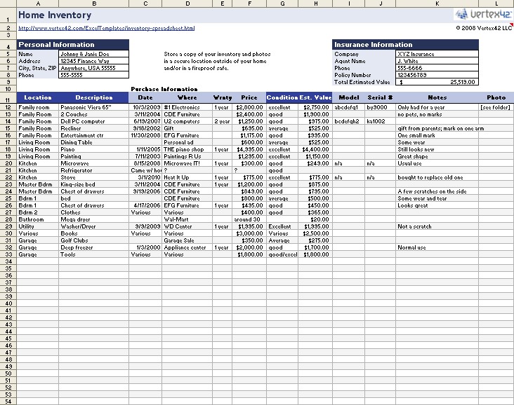 Free Home Inventory Spreadsheet Template For Excel Document Insurance