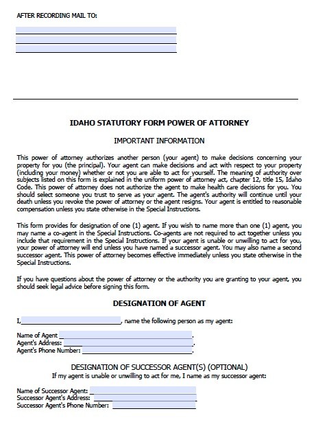 Free Idaho Durable Power Of Attorney Form PDF Template Document