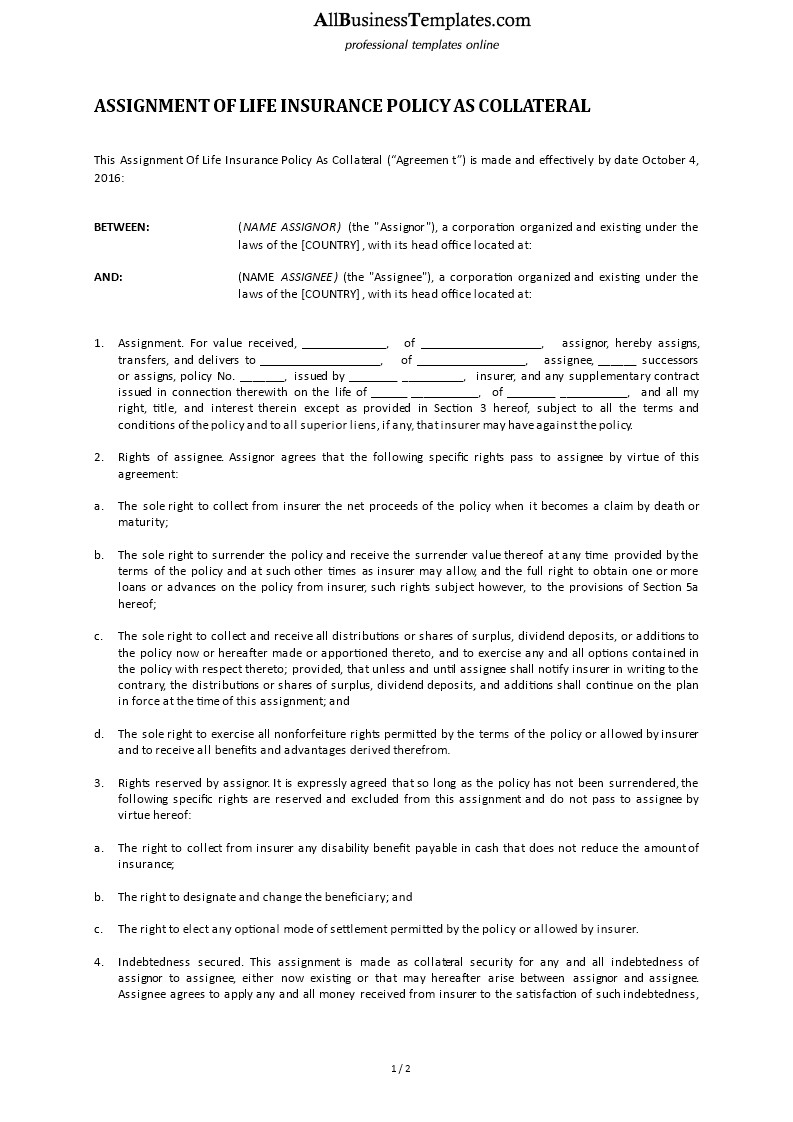 Free Life Insurance Policy As Collateral Assignment Templates At Document Template