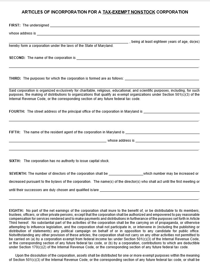 Free Maryland Articles Of Incorporation Tax Exempt Nonstock Corporation Document Template