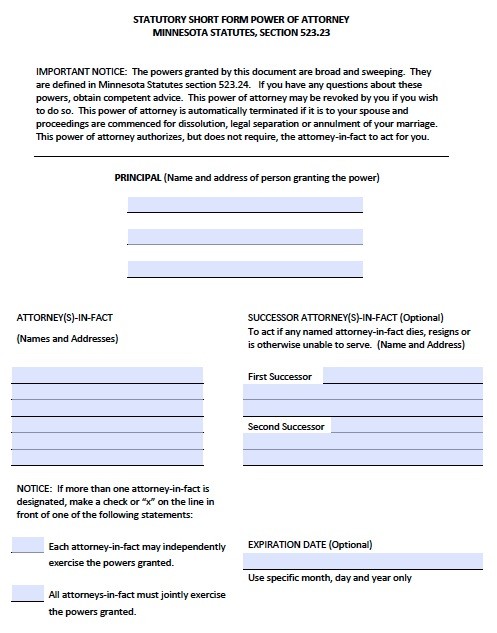 Free Minnesota Durable Financial Power Of Attorney Form PDF Document Short