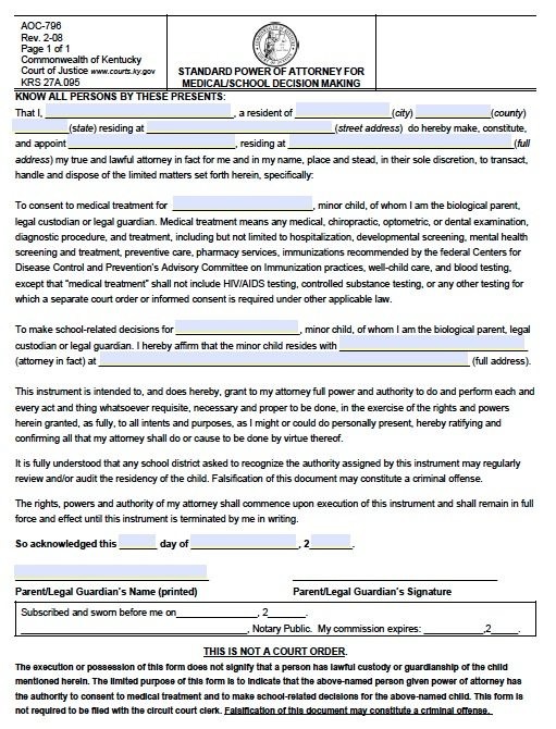 Free Minor Child Power Of Attorney Kentucky Form School Medical Document Durable