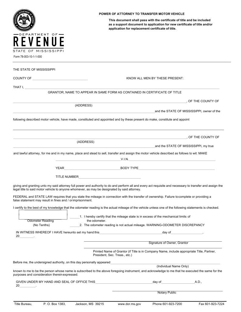 Free Mississippi Motor Vehicle Power Of Attorney Form PDF EForms Document