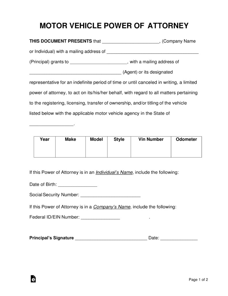 Free Motor Vehicle Power Of Attorney Forms PDF Word EForms Document Florida Dmv Pdf
