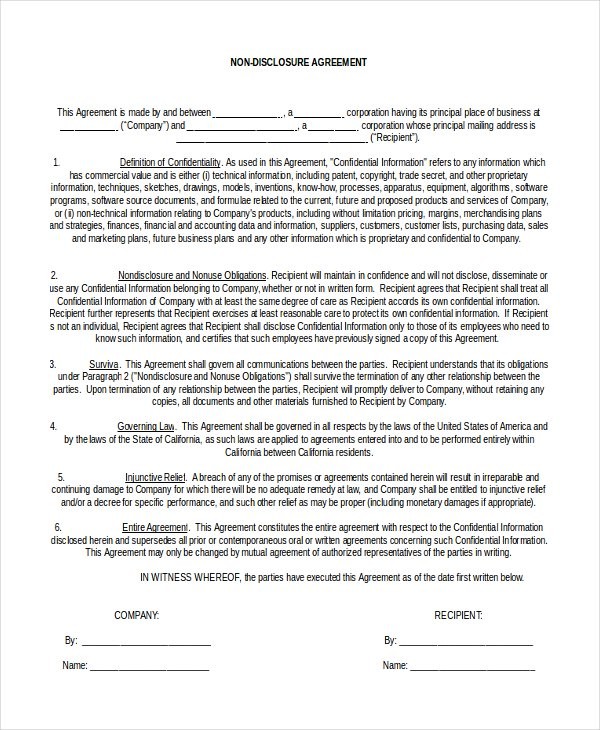 Free Non Disclosure Agreement Form 10 Word PDF Documents Document Template California