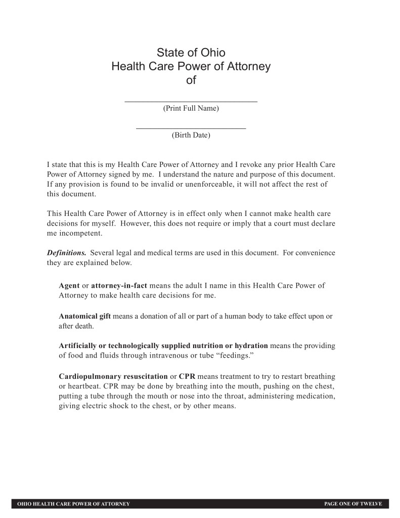Free Ohio Durable Power Of Attorney For Health Care Form Word Document Template