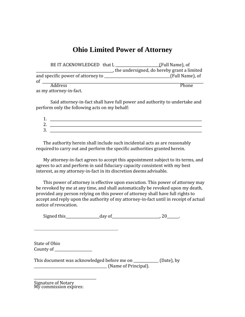 Free Ohio Limited Power Of Attorney Form PDF Word EForms Document Durable Template