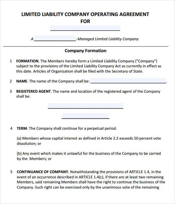 Free Operating Agreement Template LLC Document Llc