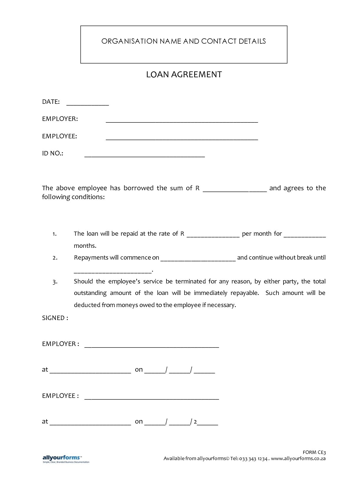 Free Printable Loan Template Form GENERIC Document Contract For Borrowing Money From