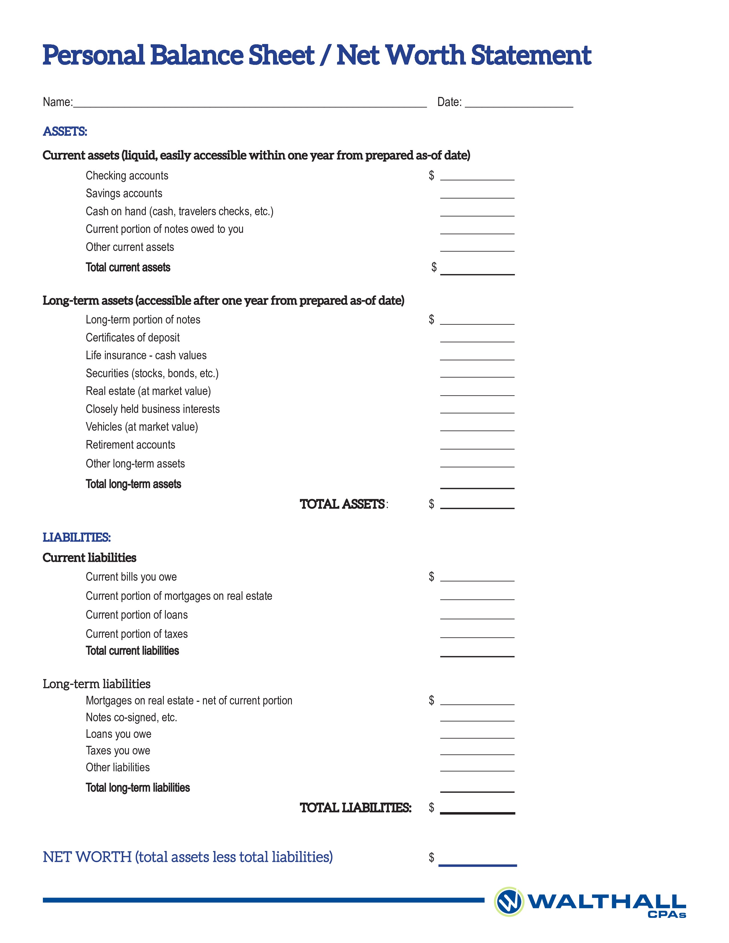 Free Printable Personal Balance Sheet Templates At Document Blank