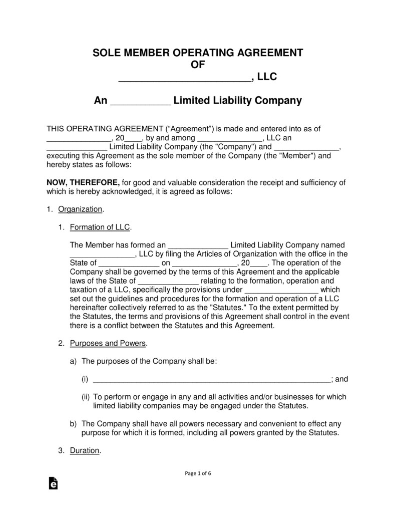 Free Single Member LLC Operating Agreement Templates PDF Word Document Llc Articles Of Organization Template
