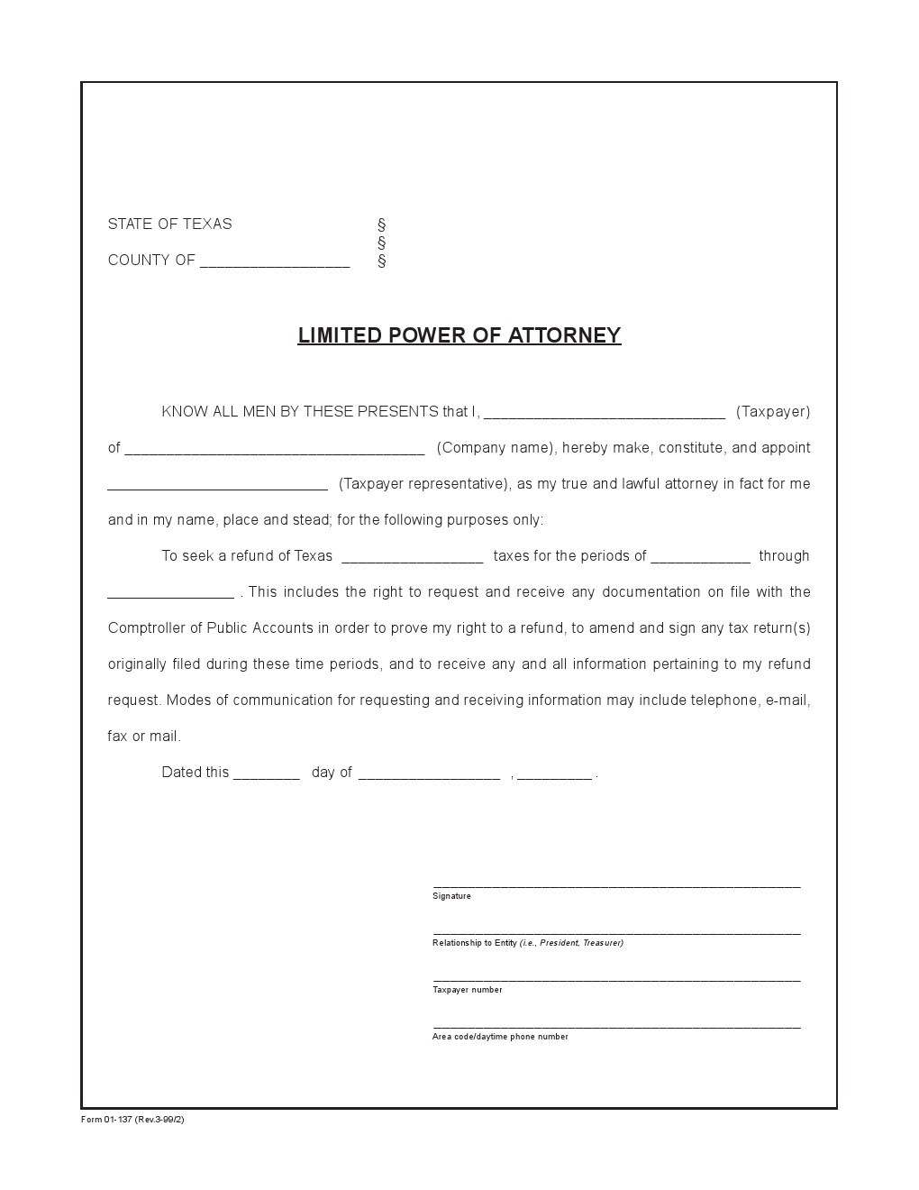 Free Texas Power Of Attorney Forms Adobe PDF Word Document Limited Form