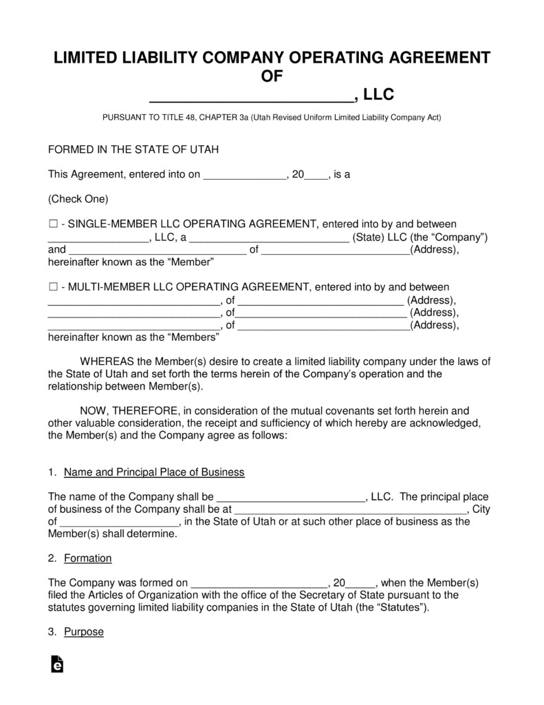 Free Utah LLC Operating Agreement Forms PDF Word EForms Document Llc Template