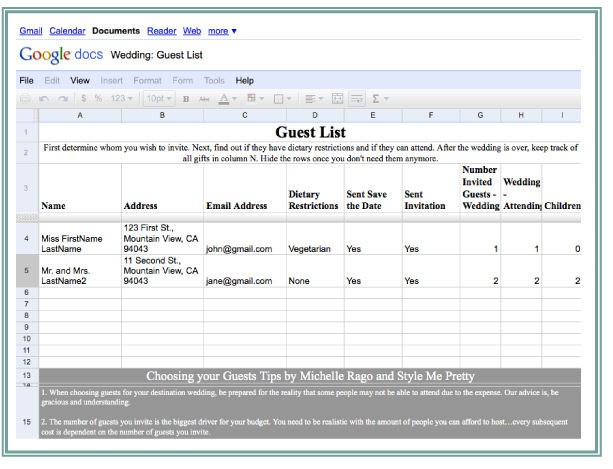 Google Docs Wedding Tools A Giveaway Document Spreadsheet