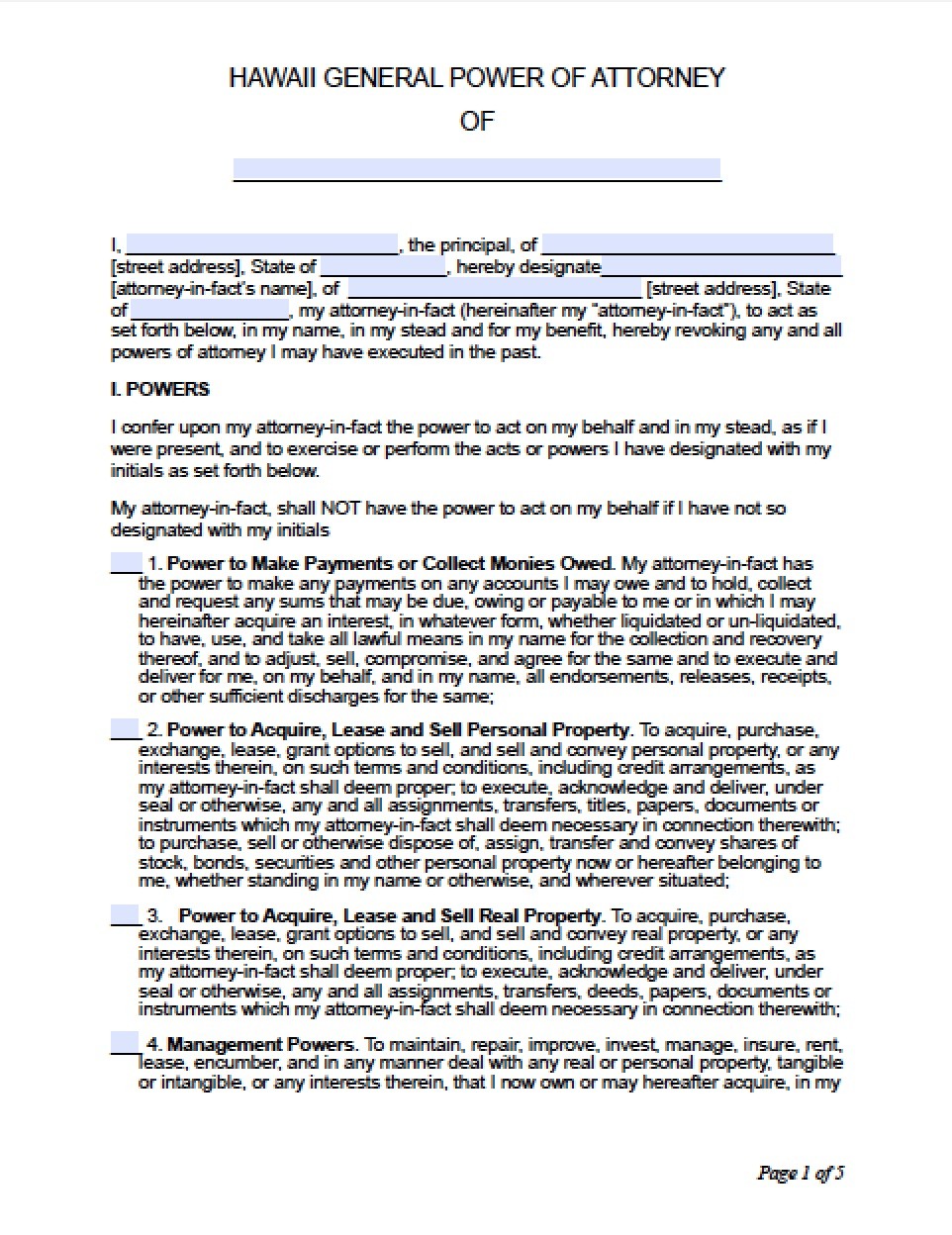 Hawaii General Financial Power Of Attorney Form Document Forms