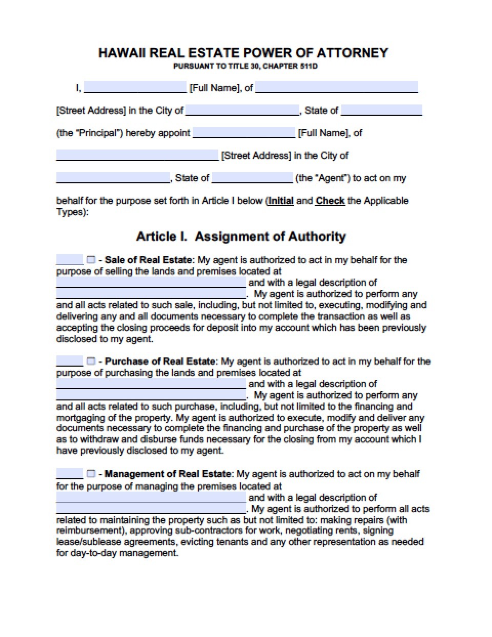 Hawaii Real Estate ONLY Power Of Attorney Form Document Forms