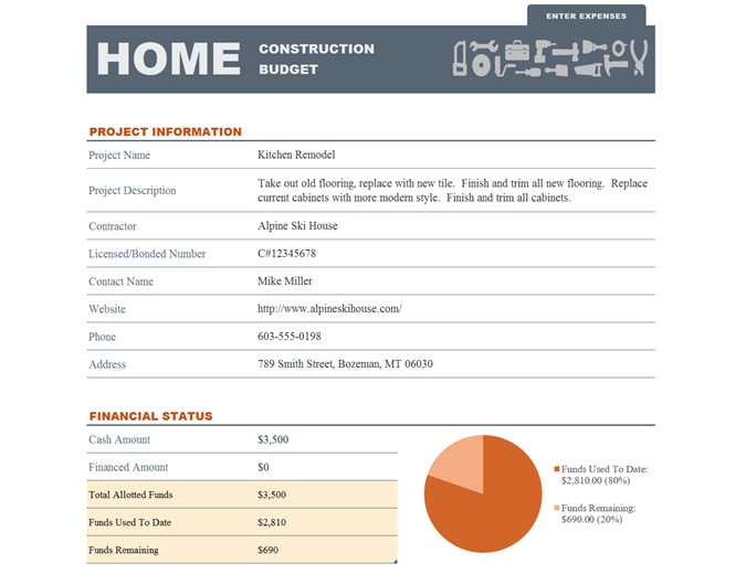 Home Construction Budget Document Expenses