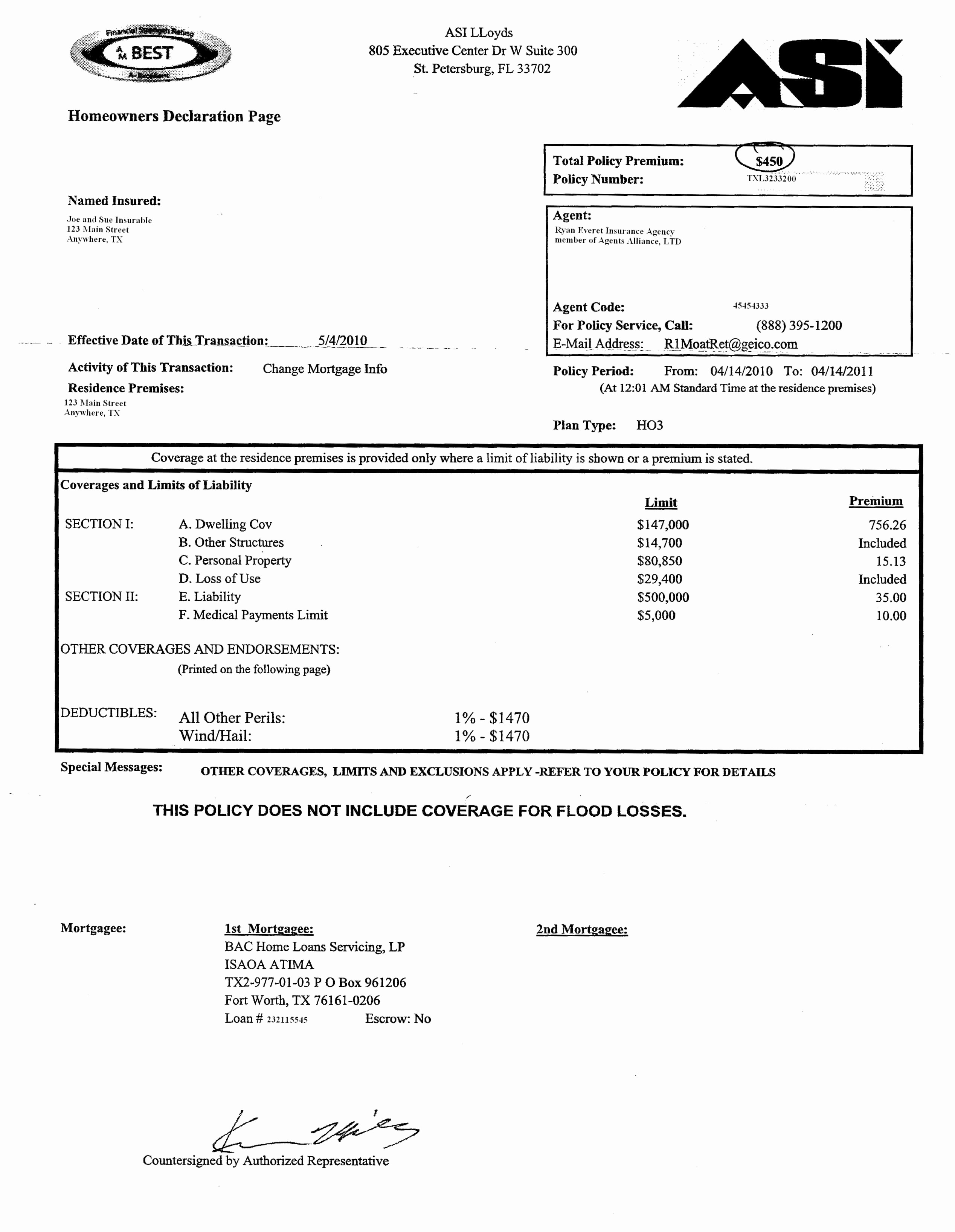 Homeowners Insurance Declaration Page Sample Elegant Car Document Example