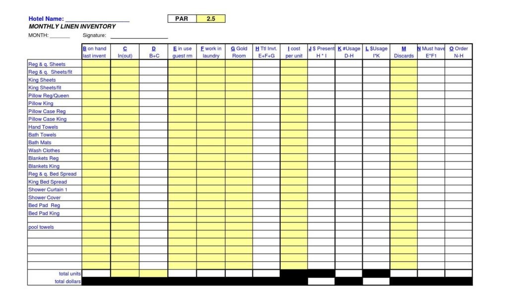 Hotel Linen Inventory Spreadsheet And Document