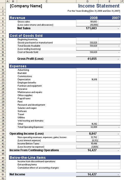 Income Statement Template For Excel Document Financial Worksheet