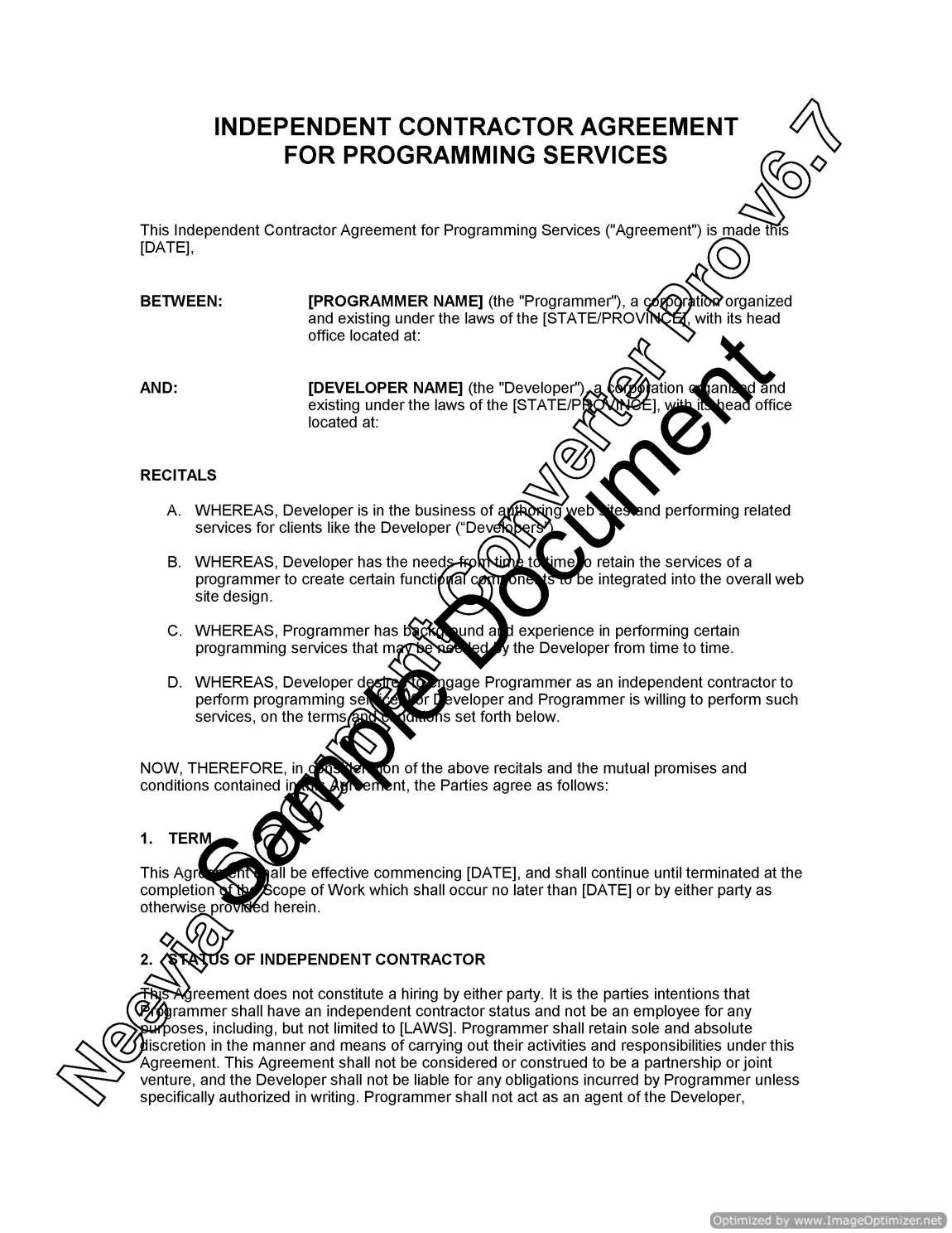 Independent Contractor Agreement For Programming Services Lawyer Document