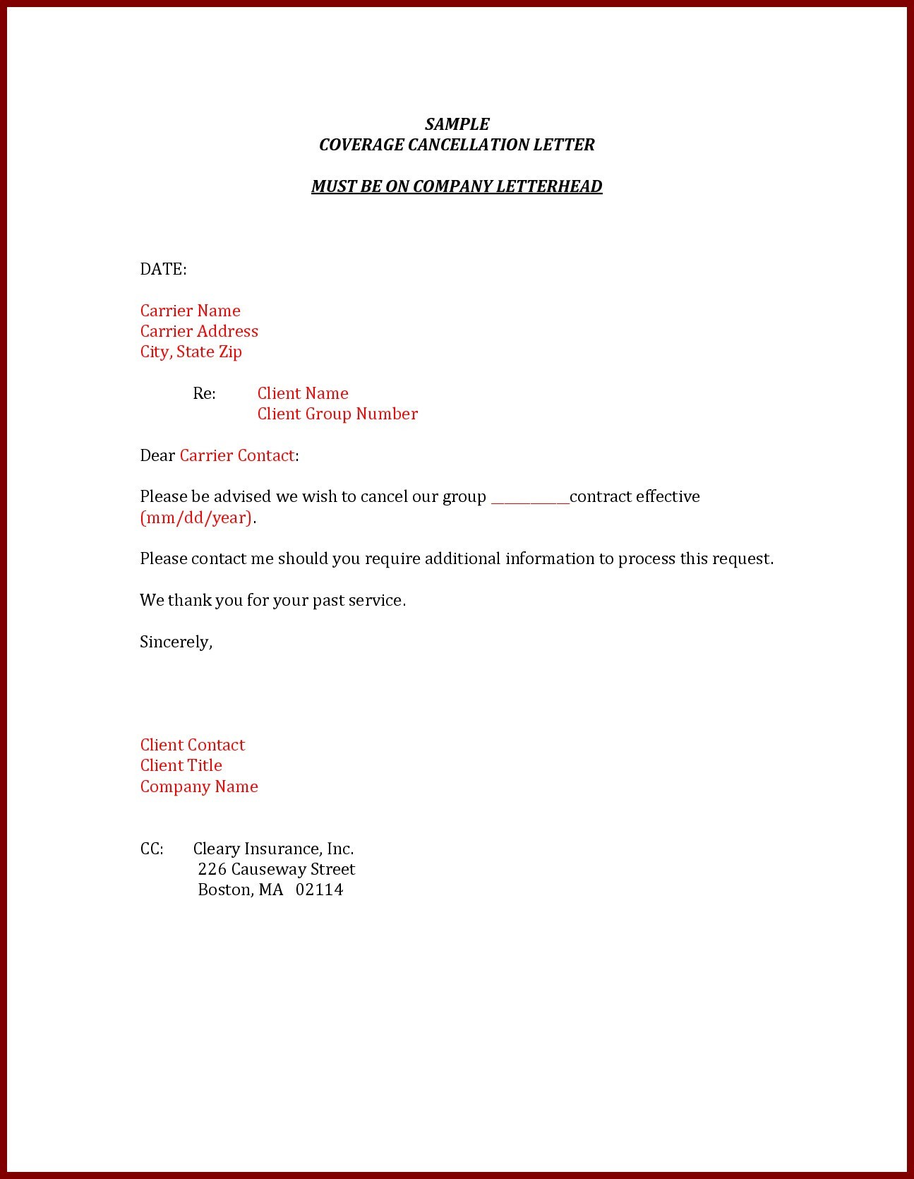 Insurance Cancellation Letter Template Reference Format For Document