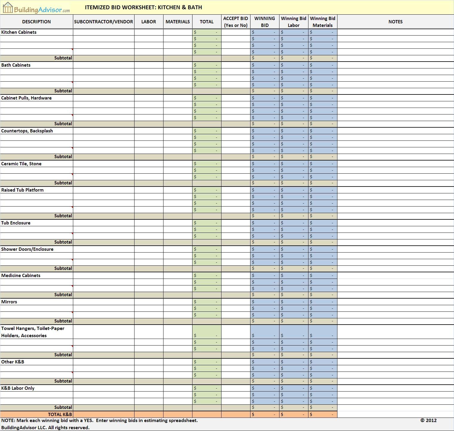 Itemized Bid Worksheet Document Construction Tracking Spreadsheet