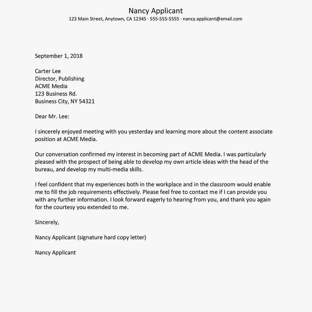 Job Interview Thank You Letter Sample Document After Via Email