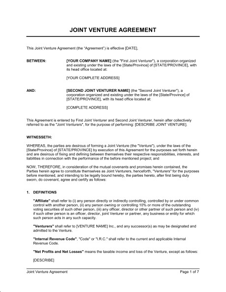 Joint Venture Agreement Template Sample Form Biztree Com Document Doc