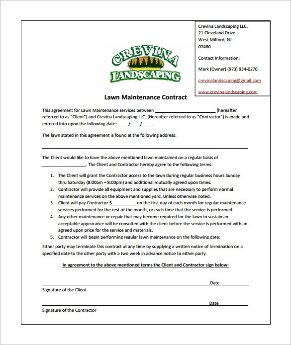 Lawn Mowing Service Agreement Template Care Contract Document