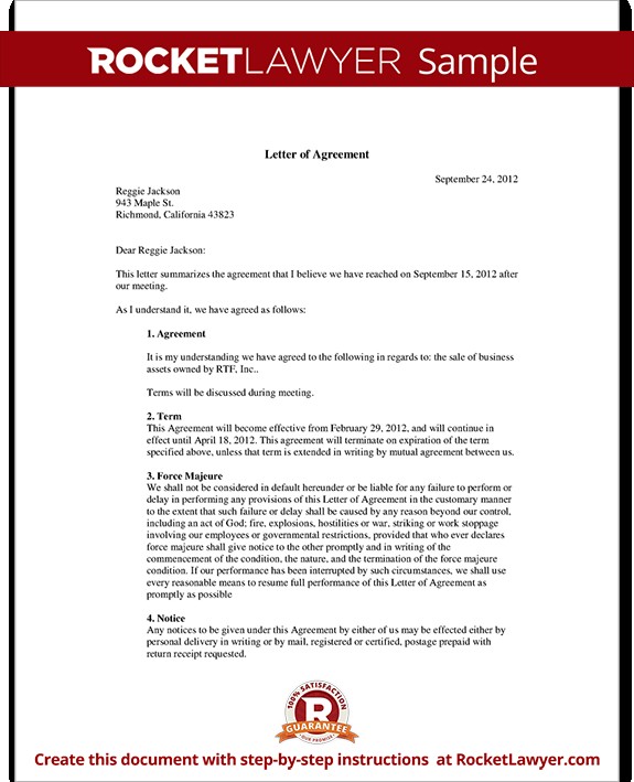 Letter Of Agreement Form Template With Sample Document Format