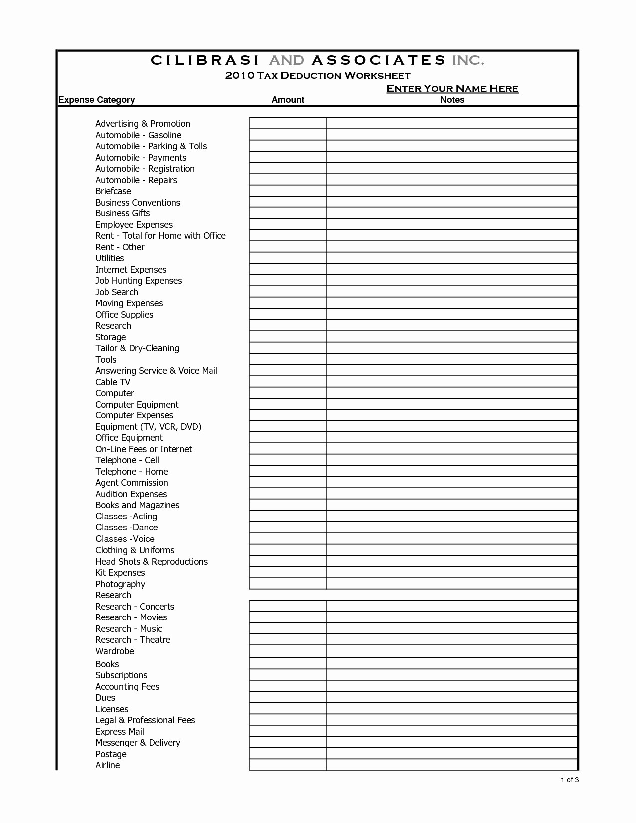 List Of Itemized Deductions Worksheet Kidz Activities Document Small Business