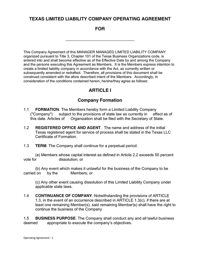 Llc Operating Agreement Texas Free Document
