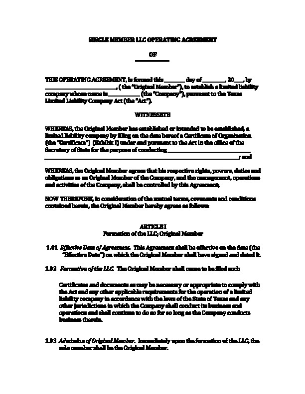 Llc Operating Agreement Texas Template Document Limited Liability Company