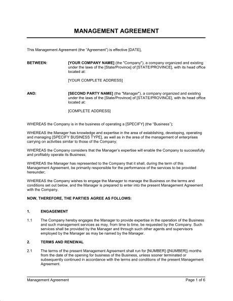 Management Agreement Template Sample Form Biztree Com Document Fill In The Blank Contract