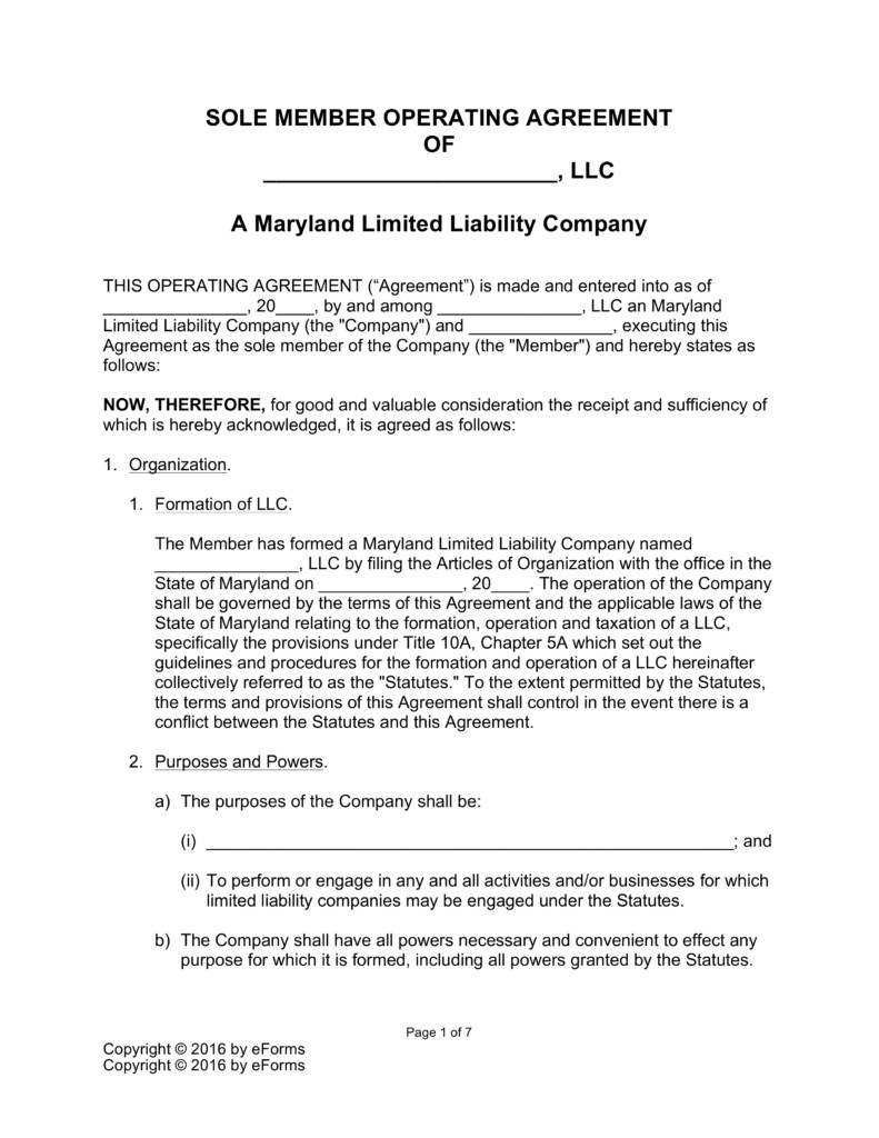 Maryland Single Member LLC Operating Agreement Form EForms Free Document