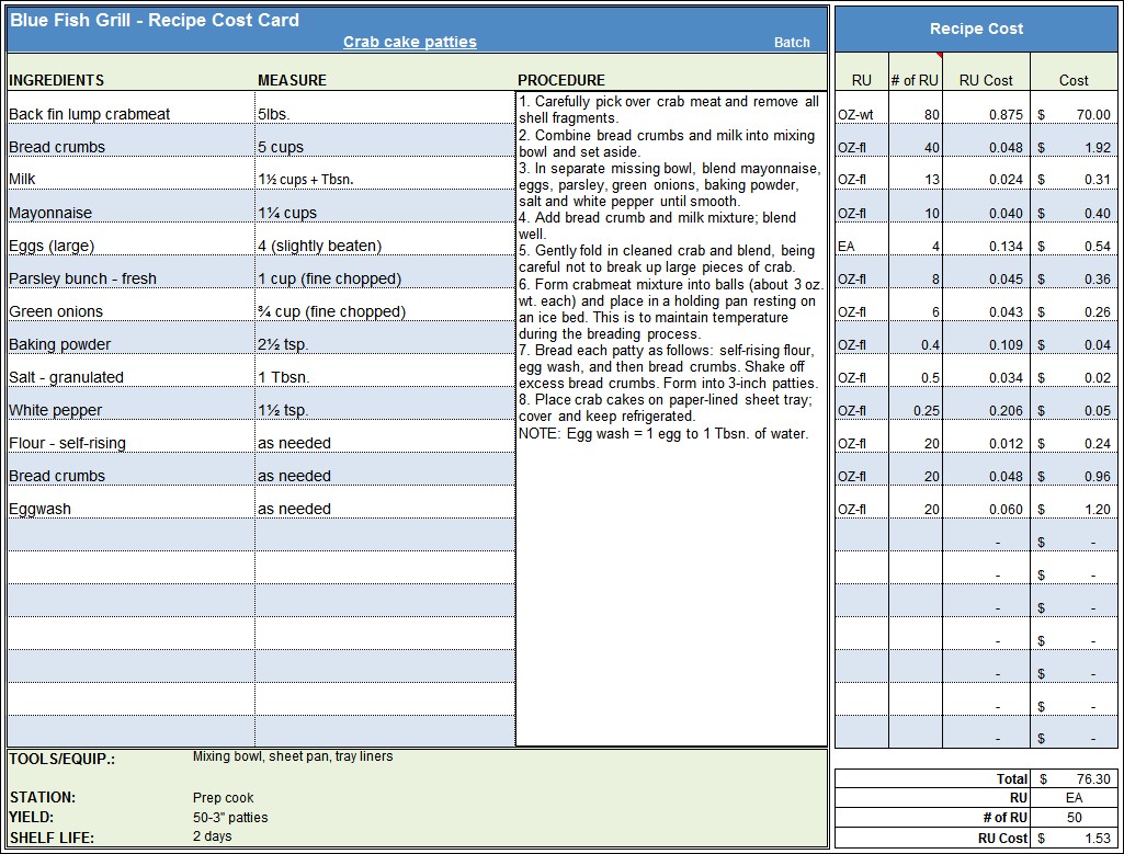 Menu Recipe Cost Spreadsheet Template Document Food Spread Sheet