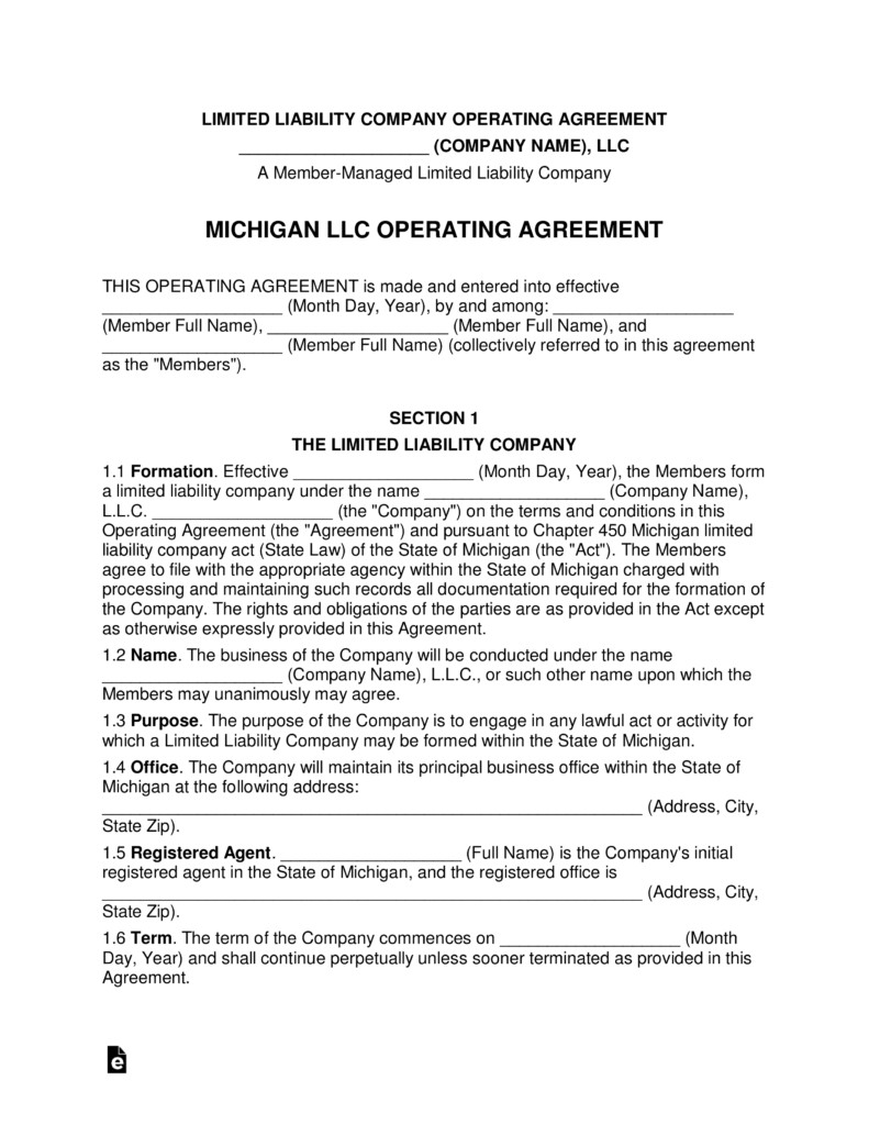 Michigan Multi Member LLC Operating Agreement Form EForms Free Document Llc Template