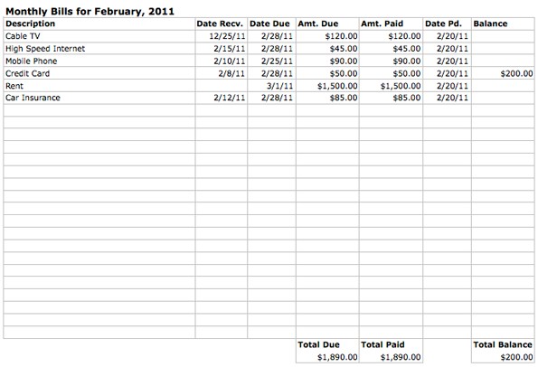 Monthly Bills Spreadsheet Template Document Bill Paying