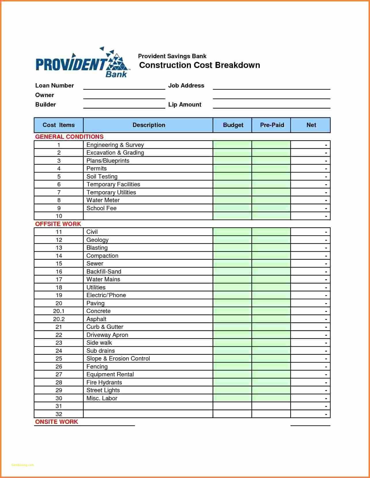 New Home Construction Cost Breakdown Spreadsheet AWAL MULA Document