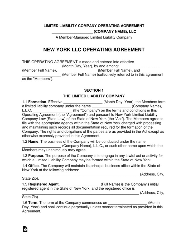 New York Multi Member LLC Operating Agreement Form EForms Free Document Ny Llc Template