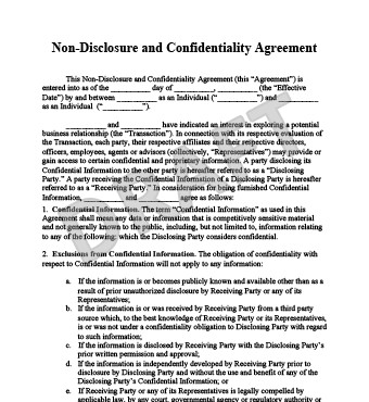 Non Disclosure Agreement Template Create A Free NDA Form Legal Document Generic
