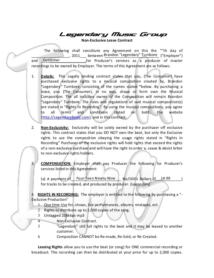 Non Exclusive Leasing Contract Document Rights Beat Template
