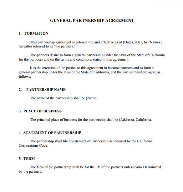 Partnership Agreement California Sample General Document Form Pdf