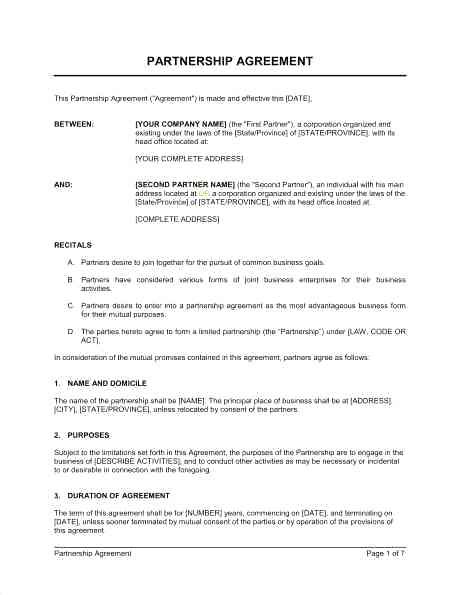 Partnership Agreement Template California Richtravel Info Document