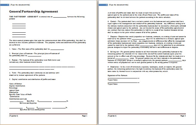 Partnership Agreement Template For MS Word Document Templates Simple Doc