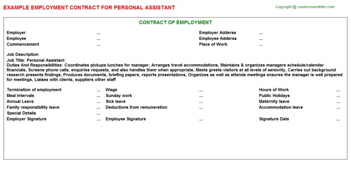 Personal Assistant Employment Contracts Document Contract Template