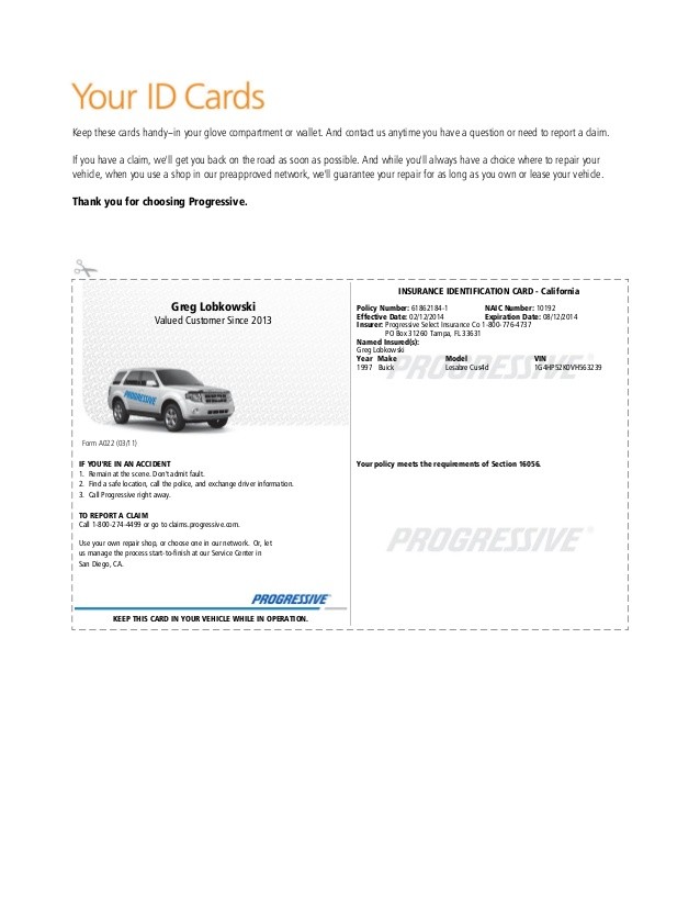 Pgr Insurance Idcard 1 Document Progressive Auto Card Template